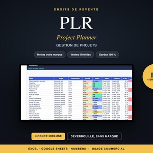 Può includere: Un modello di pianificatore di progetti digitale con sfondo scuro e testo dorato. Il display mostra un foglio di calcolo con colonne per attività, progetti e stato. Il testo include DROITS DE REVENTE, PLR Project Planner, GESTION DE PROJETS e EXCEL GOOGLE SHEETS NUMBERS.