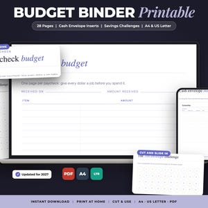 Budget Binder Printable PDF, Cash Envelope Inserts, Savings Challenge Printables, Bill Tracker and Monthly Budget Sheets