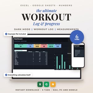 Op de afbeelding: Een digitaal workout-logboek en voortgangstracker voor Excel, Google Sheets en Numbers. De interface bevat een dashboard in donkere modus met gegevenstabellen, grafieken en een mobiele weergave. Tekst: "the ultimate WORKOUT Log & progress" en "6 TABS".