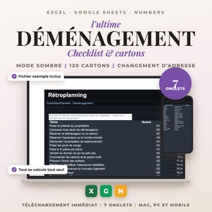 May include: A digital moving checklist template for Excel, Google Sheets, and Numbers. The interface features a dark mode retroplanning schedule with tasks and timelines. Includes a mobile view, 7 tabs, and icons for spreadsheet software compatibility.