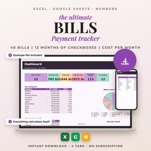 Registro de facturas, seguimiento de pagos, facturas, fechas de vencimiento y pagos — Excel, Google Sheets y Numbers — Archivo en inglés