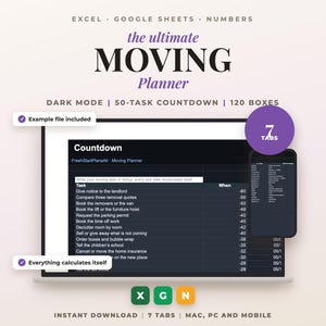 Op de afbeelding: Een digitale verhuisplanner voor Excel, Google Sheets en Numbers met een dark mode interface. Het scherm toont een countdown-takenlijst met 50 taken en 120 dozen. Inclusief 7 tabbladen, mobiele compatibiliteit en een voorbeeldbestand.