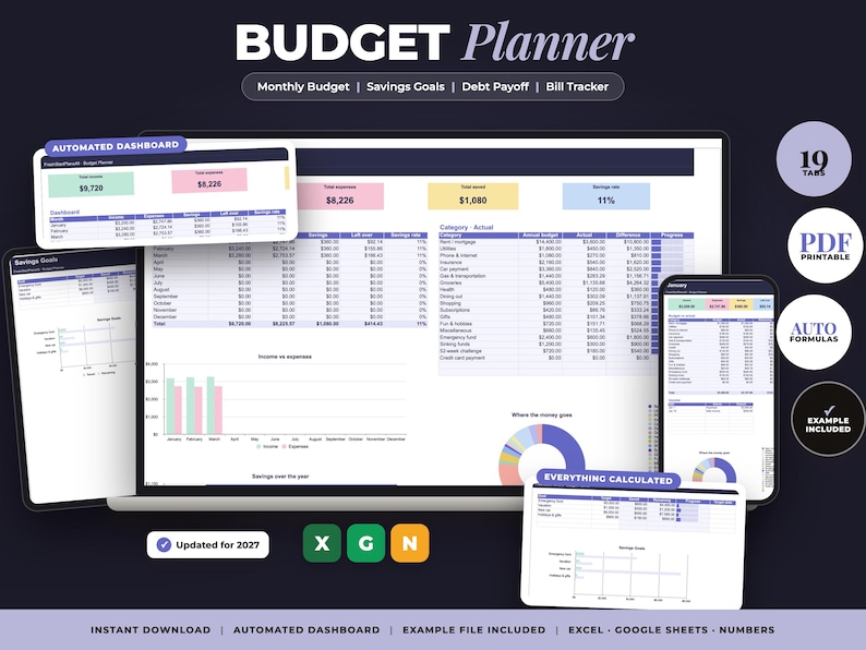 Monthly Budget Planner Spreadsheet for Google Sheets and Excel, Expense ...