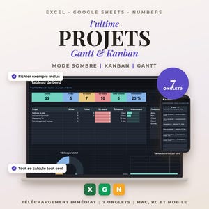 Peut inclure: Un modèle de tableau de bord de gestion de projet numérique pour Excel, Google Sheets et Numbers. L'interface présente un thème en mode sombre avec des vues Gantt et Kanban, affichant des statistiques de tâches et la progression.