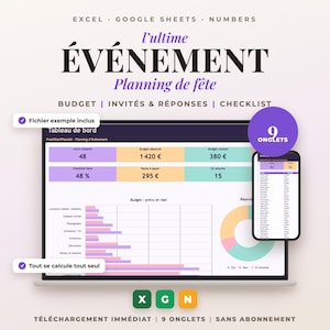 Planificación de eventos, organizador de fiestas, cumpleaños, invitados y presupuesto, organización de fiestas, baby shower — Excel y Google Sheets — en francés