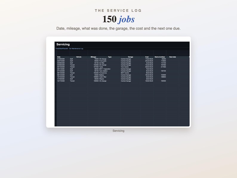 Dark Mode Car Maintenance Log Excel Google Sheets : Vehicle Service Log ...