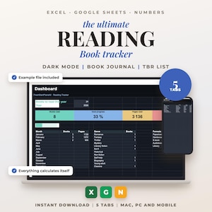 以下が含まれることがあります： Excel、Google Sheets、Numbers用のデジタル読書トラッカー・スプレッドシート。ダッシュボードはダークモードのインターフェースで、読書数、目標達成度、ジャンル別統計の表が表示されています。モバイル表示と5つのタブが含まれています。