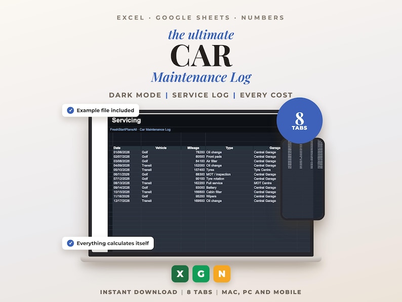 Dark Mode Car Maintenance Log Excel Google Sheets : Vehicle Service Log ...