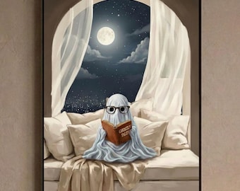 Muurdecoratie met spookmotief bij maanlicht | Print van lezen in bed | Gezellige Halloween-decoratie met boekenthema