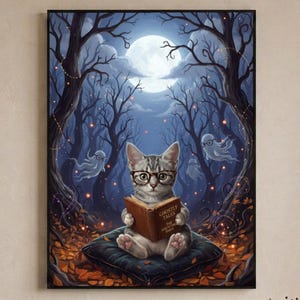 The kitten and ghosts ghost reading print framed in a calm neutral living room above a linen sofa