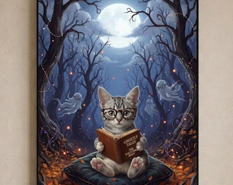 Muurdecoratie met kittens voor Halloween | Kat die leest met geesten | Spookachtige print met boekenthema