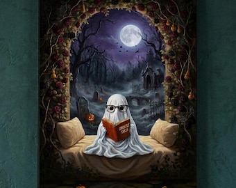 Gotische muurdecoratie met kerkhofthema | Spooklezende print | Dark Academia Halloween decoratie