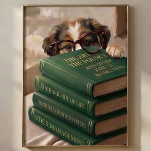 Painterly print of a fluffy tan-and-brown puppy with round glasses peeking over a stack of books titled To Fetch or Not to Fetch?, framed on a warm plaster wall