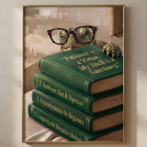 Painterly print of a green turtle with round glasses and a scaly paw peeking over a stack of books titled Patience Is a Virtue, framed on a warm plaster wall