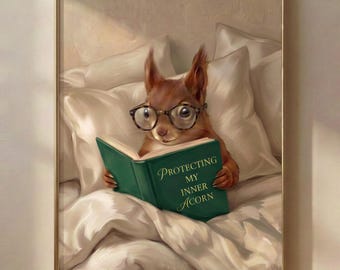 Muurdecoratie met een lezende eekhoorn | Mijn innerlijke eikel beschermen | Gezellige slaapkamerdecoratie met boekenthema