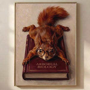 Painterly print of a red squirrel in round tortoiseshell glasses splayed flat across a deep wine clothbound book lettered Arboreal Biology in gold, framed on a warm plaster wall