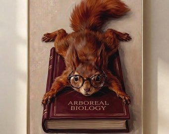 Muurdecoratie met een eekhoorn die uit zijn boek springt | Boombiologie | Gezellige studeerkamer | Printbare digitale download