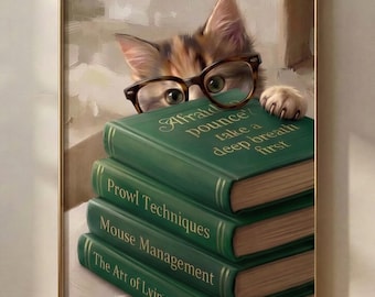 Muurdecoratie met een kat | Kat die over boeken heen gluurt | Grappige printbare afbeelding voor een leeshoekje