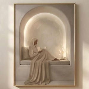 May include: A framed wall art print depicting a figure draped in beige fabric sitting within a glowing arched alcove. The figure holds an open book, while a small lit candle sits on a ledge nearby. The color palette consists of soft cream, beige, and warm white tones throughout the composition.