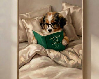 Muurdecoratie met een lezende hond | Pawsing the Panic | Gezellige slaapkamerdecoratie met boekenthema, printbaar en digitaal te downloaden