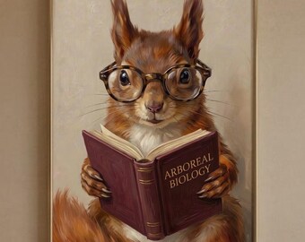 Muurdecoratie met een eekhoorn die een boek leest | Rode eekhoorn met een bril | Gezellige studeerkamer (digitale download)