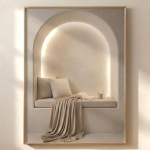 Neutral reading nook wall art in a thin gold frame hung on a warm beige wall above light herringbone flooring, soft plaster arch with cushions and draped linen, no mat.
