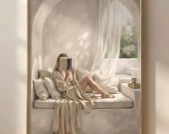 Blonde Woman in a Reading Nook | Neutral Wall Art | Beige Printable Digital Download