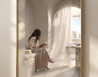読書コーナーの装飾｜窓辺で過ごす穏やかな時間｜ニュートラルカラーのプリント可能なウォールアート