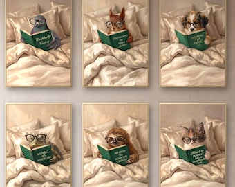 Set van 6 wanddecoraties voor de leeshoek | Dieren die in bed lezen | Beige slaapkamerdecoratie