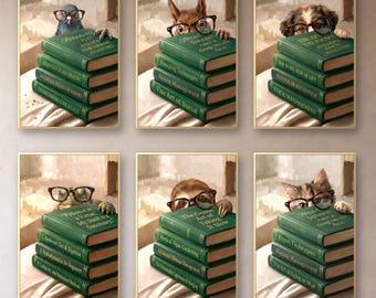Set van 6 wanddecoraties | Dieren die over boeken heen gluren | Decoratie voor de boekenhoek