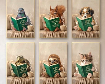 Gezellige muurdecoratieset met dieren om te lezen | Speelse dieren, boeken en koffie (digitale download)