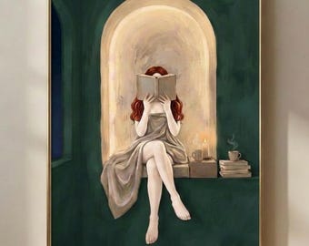Dark Academia Wall Art | Redhead Woman Reading by Candlelight | Emerald Printable Download