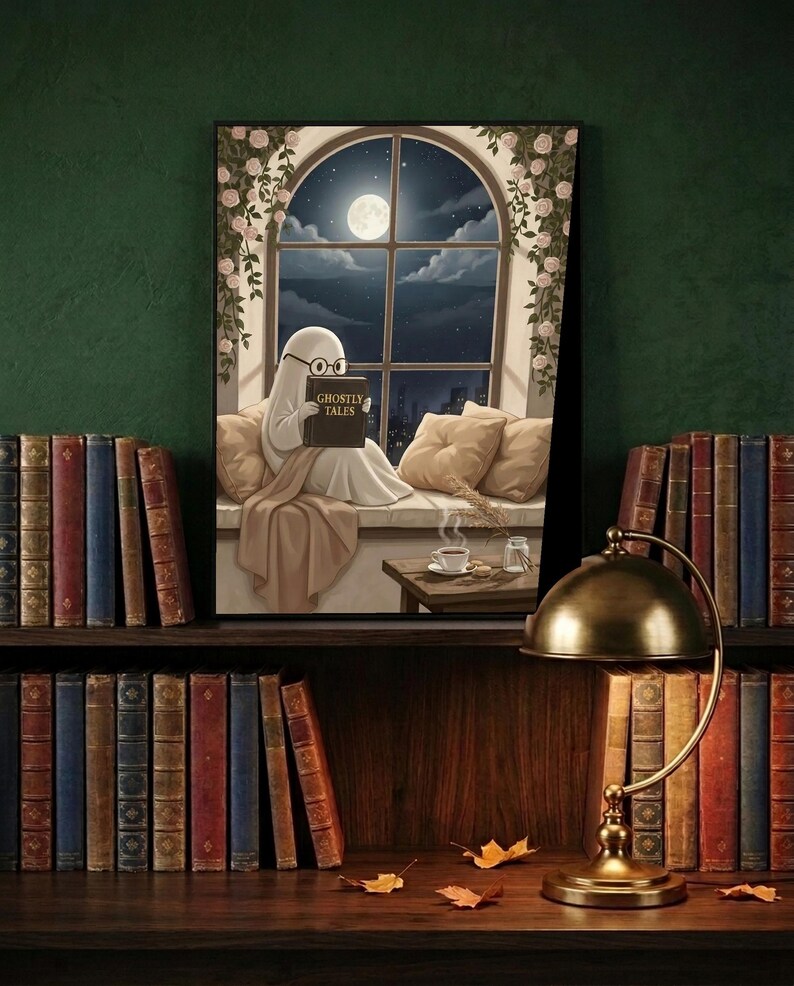 The window seat coffee ghost reading print framed and leaning on a dark wood library shelf against a deep green wall