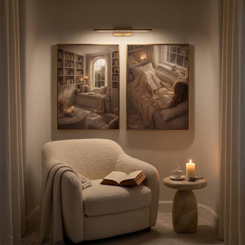 A gold framed pair lit by a brass picture light in a candlelit corner, above a cream boucle armchair with an open book and a candle on a small stone side table. Reading nook decor in beige wall art.
