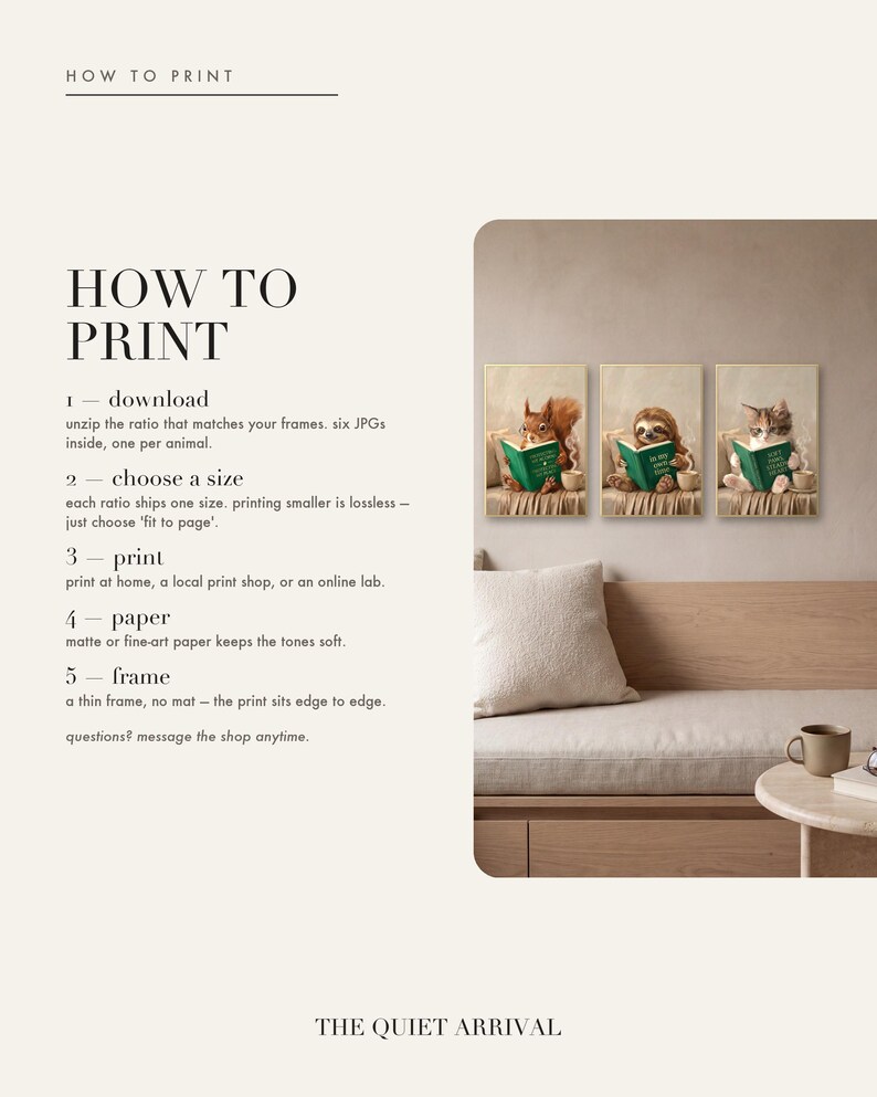 How to print card: five numbered steps, download, choose a size, print, paper and frame, beside a photo of the squirrel, sloth and kitten prints framed above a wooden daybed