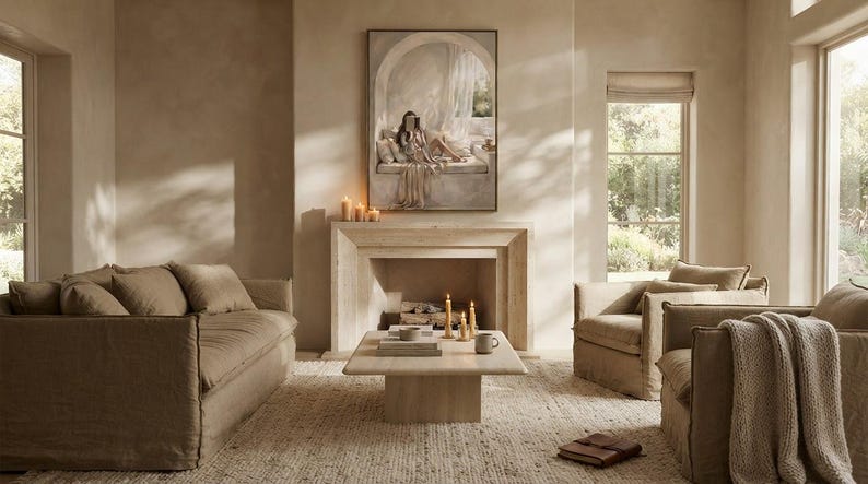 Person holding a framed neutral woman reading nook wall art print in a thin gold frame with no mat, showing the arched reading niche, draped linen, and warm beige tones.