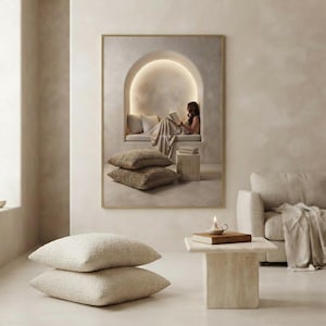 The built for rest print framed as the focal point of a calm neutral interior. neutral printable wall art, minimalist home decor, Japandi style, calm living room and bedroom decor, slow living digital download.