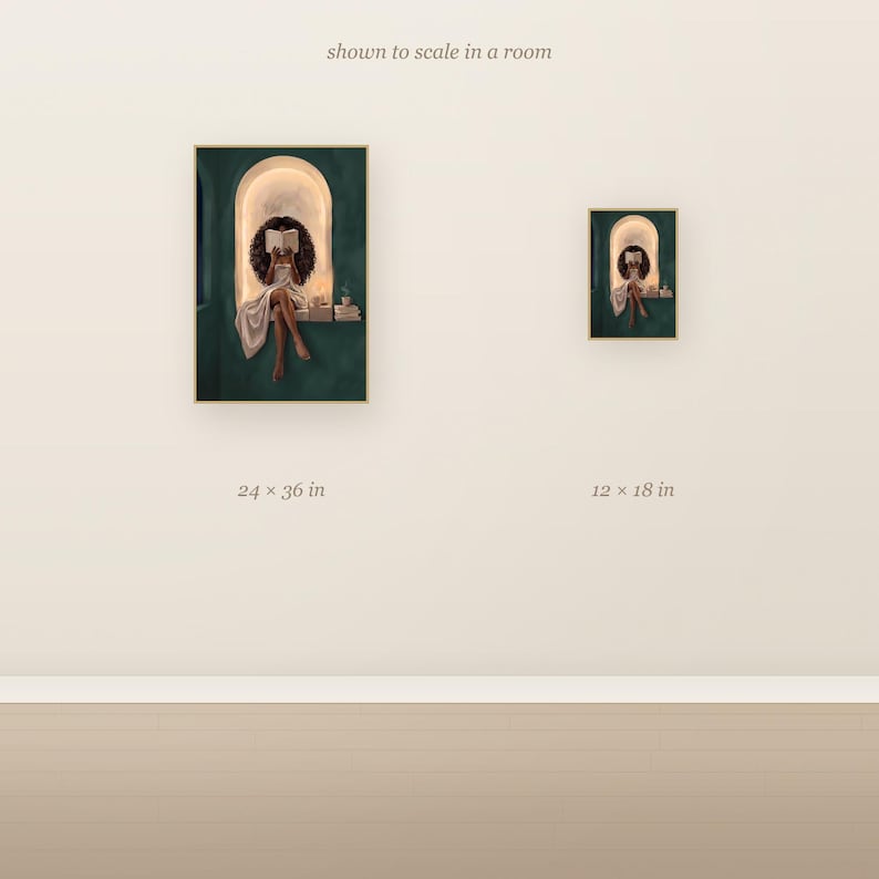 Scale comparison showing the Black woman with voluminous curls reading in an emerald green arched nook art print at 24x36 inches next to 12x18 inches on a wall.