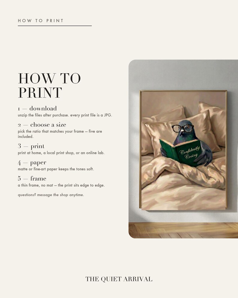 Five step guide to downloading, choosing a size, printing and framing this digital art print