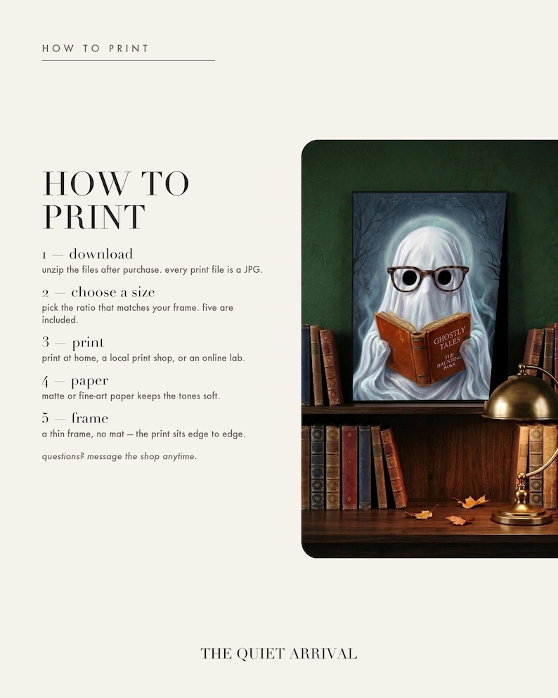 How to print card: download and unzip, choose the ratio that fits your frame, print at home or at a print shop, and framing and paper tips.
