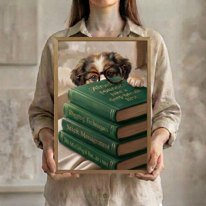 A person in a linen shirt holding the dog peeking over books art print in a slim gold frame against a soft neutral background