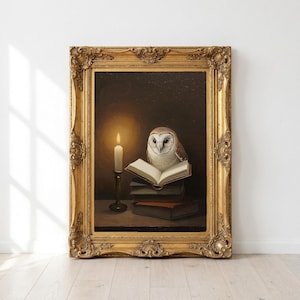 Barn Owl Reading Wall Art, Candlelit Dark Academia Painting, Printable