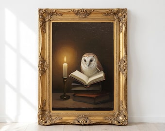 Barn Owl Reading Wall Art, Candlelit Dark Academia Painting, Printable