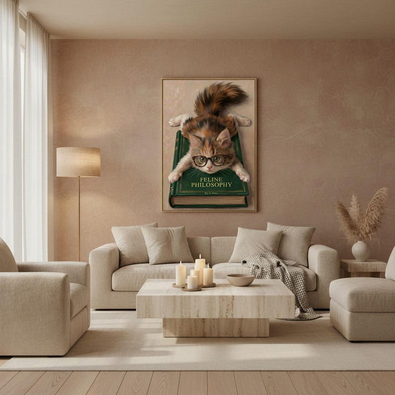 Kitten wall art framed on a warm plaster wall in a calm light-filled living room with a cream sofa