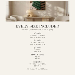 Insert card showing the five printable ratios and exact inch and ISO sizes included in this digital download