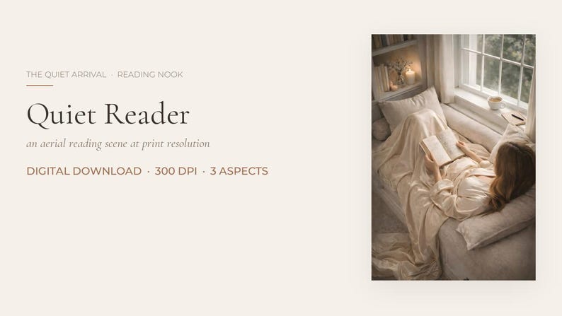 The Quiet Arrival, Reading Nook collection: Quiet Reader, an aerial reading scene print at print resolution, digital download, 3 aspect ratios.