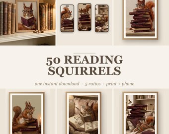 Bundel met 50 illustraties van een lezende eekhoorn | Kleine lettertjes + telefoonachtergrond | Digitale download