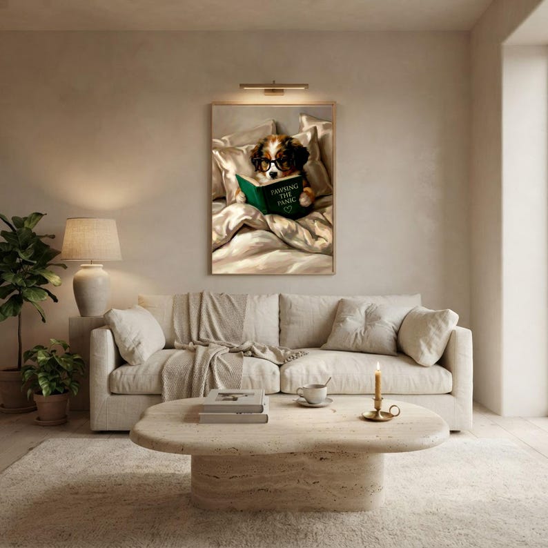 The framed puppy print lit by a picture light above a cream sofa in a calm living room with a travertine coffee table and a potted plant