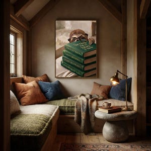 Framed sloth peeking over books print in a quiet reading corner beside a low sofa and a small lamp