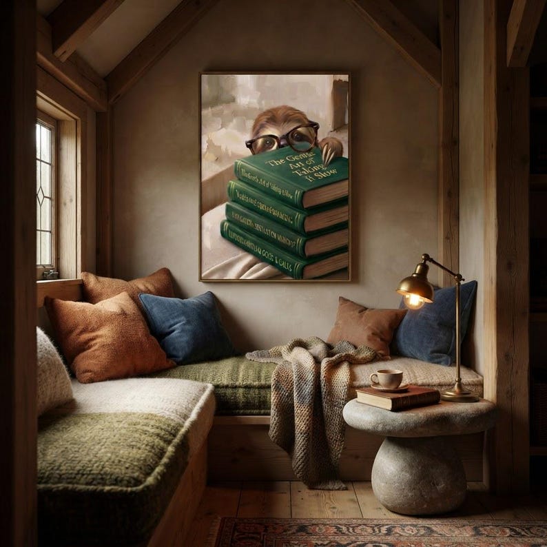 Framed sloth peeking over books print in a quiet reading corner beside a low sofa and a small lamp